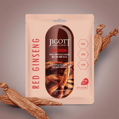 Тканевая маска для лица с экстрактом красного женьшеня Jigott RED GINSENG Real Ampoule Mask - фото 15968